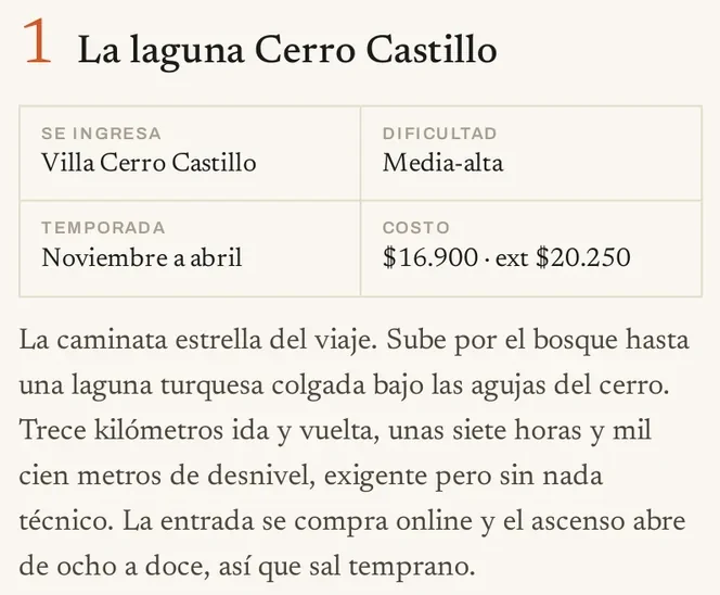 Ficha del trekking a la laguna Cerro Castillo: se ingresa por Villa Cerro Castillo, dificultad media-alta, temporada de noviembre a abril, costo 16.900 pesos y 20.250 para extranjeros. Trece kilómetros ida y vuelta, siete horas y mil cien metros de desnivel.